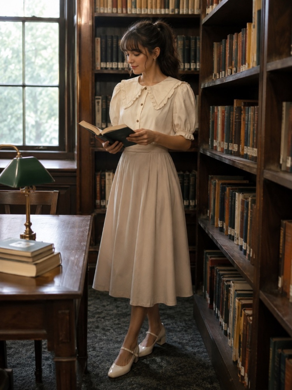 Cream Victorian-Inspired Peter Pan Collar Puff Sleeve Top Cottagecore Edwardian